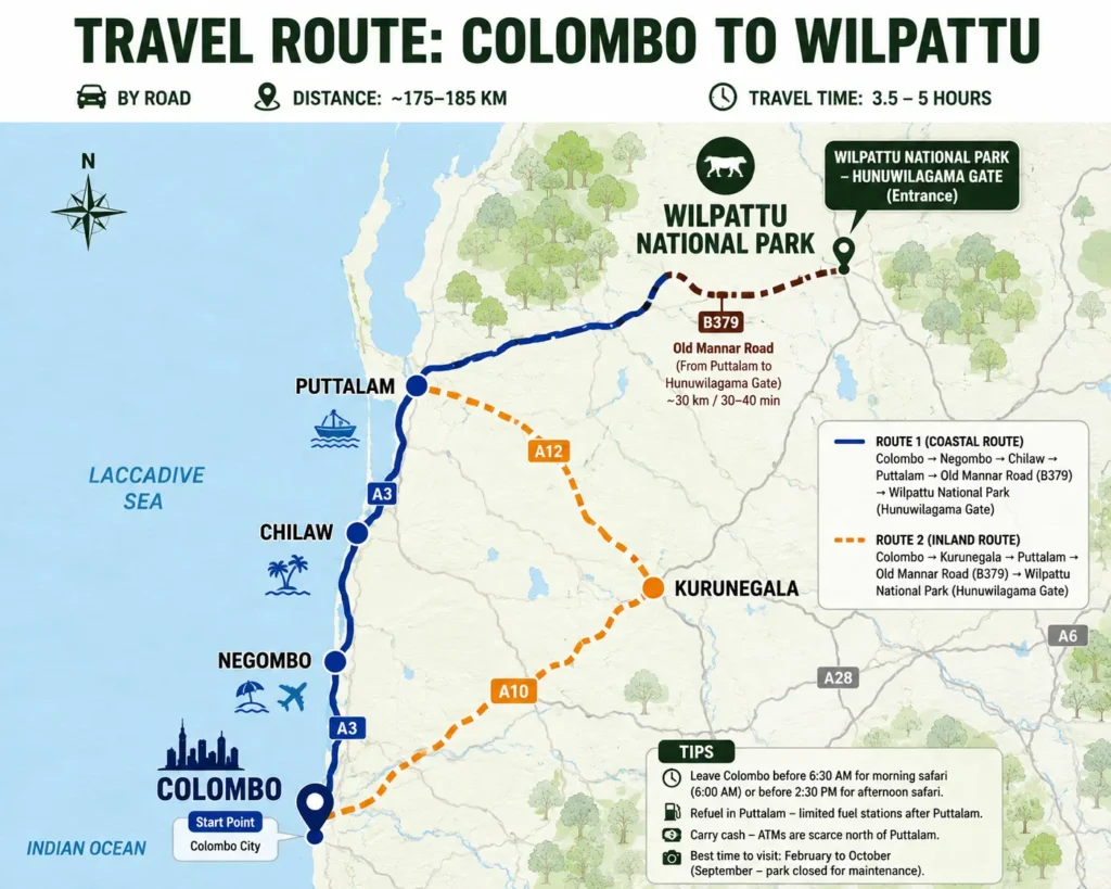 Colombo to Wilpattu National Park route map Sri Lanka